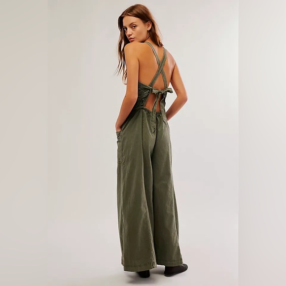 Free People Pants - Free People Olive Green Wide-Leg Back-Tie Jumpsuit